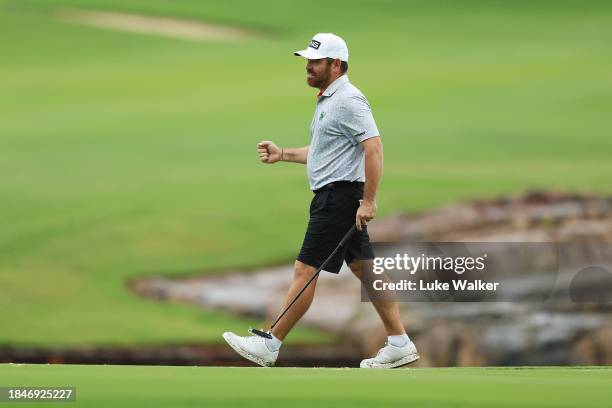 Louis Oosthuizen of South Africa celebrates on the 18th green on Day Five of the Alfred Dunhill Championship at Leopard Creek Country Club on...