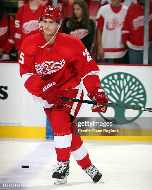 Cory Emmerton of the Detroit Red Wings skates around in warm-ups before a NHL game against the Phoenix Coyotes at Joe Louis Arena on October 10, 2013...