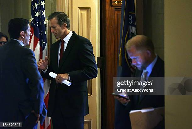 Sen. John Thune arrives at the office of Minority Leader Sen. Mitch McConnell at the U.S. Capitol for a meeting October 15, 2013 on Capitol Hill in...