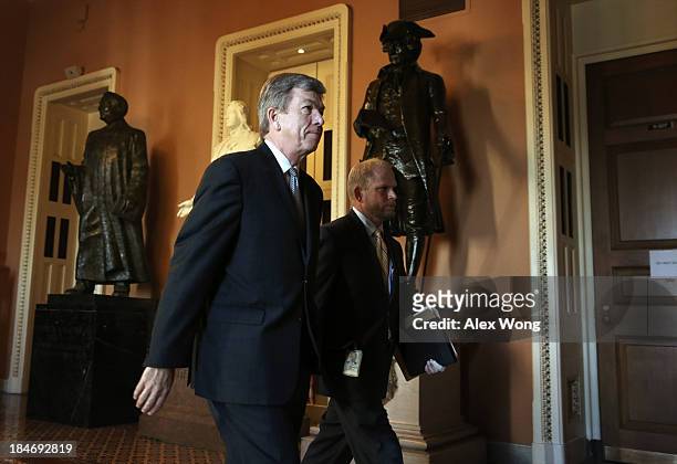 Sen. Roy Blunt arrives at the office of Minority Leader Sen. Mitch McConnell at the U.S. Capitol for a meeting October 15, 2013 on Capitol Hill in...