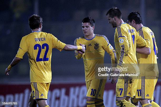 Ukraine players celebrate a goal scored by Marko Devich during the FIFA 2014 World Cup Qualifier Group H match between San Marino and Ukraine at...