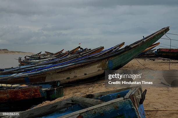 Fishermen boat parked on seacoasts at Gopalpur after the cyclone Phailin on October 15, 2013 in Chattapur, India. Cyclone Phailin on Sunday left a...