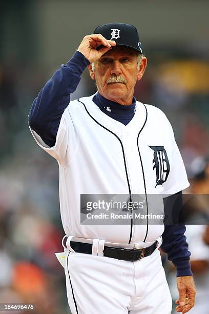 Manager Jim Leyland of the Detroit Tigers is introduced prior to Game Three of the American League Championship Series against the Boston Red Sox at...