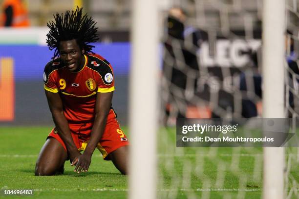 Romelu Lukaku of Belgium reacts to a missed chance on goal during the FIFA 2014 World Cup Qualifying Group A match between Belgium and Wales at King...