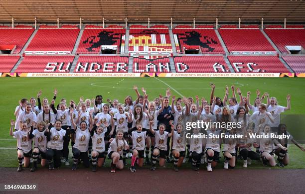 Local school children pictured with former England player Sarah Hunter celebrate as The Stadium of Light is chosen to host the opening fixture of the...