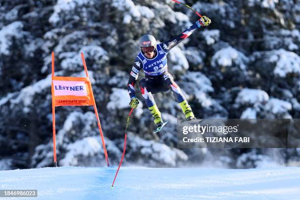 Bryce Bennett competes in the men's downhill replacing Zermatt-Cervinia's race, during the FIS Alpine Ski World Cup in Val Gardena on December 14,...