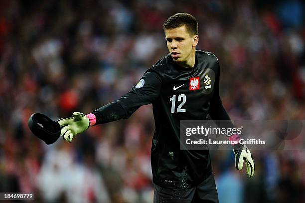 Wojciech Szczesny of Poland throws the discarded headgear of Wayne Rooney during the FIFA 2014 World Cup Qualifying Group H match between England and...
