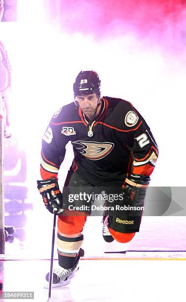 Francois Beauchemin of the Anaheim Ducks is introduced before facing the New York Rangers at Honda Center on October 10, 2013 in Anaheim, California.