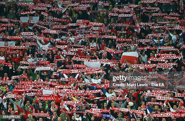 Poland fans show their colours during the FIFA 2014 World Cup Qualifying Group H match between England and Poland at Wembley Stadium on October 15,...