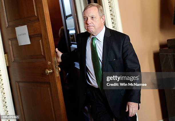 Senate Majority Whip Richard Durbin leaves a meeting of Democratic senators at the U.S. Capitol October 15, 2013 in Washington, DC. The U.S....