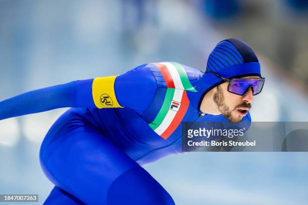 Davide Ghiotto of Italy competes in the 5000m Men Division A race during the ISU World Cup Speed Skating at Tomaszow Mazoviecki Ice Arena on December...