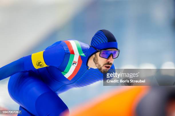 Davide Ghiotto of Italy competes in the 5000m Men Division A race during the ISU World Cup Speed Skating at Tomaszow Mazoviecki Ice Arena on December...