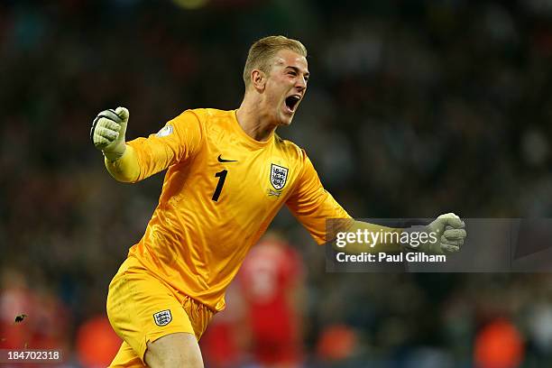 Joe Hart of England celebrates as Steven Gerrard of England scores their second goal during the FIFA 2014 World Cup Qualifying Group H match between...