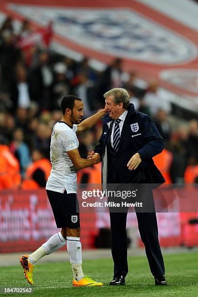England manager Roy Hodgson shakes hands with Andros Townsend of England as they qualify for the World Cup in Brazil after the FIFA 2014 World Cup...