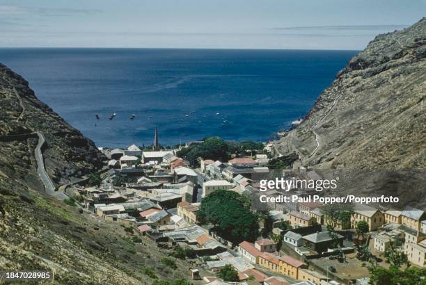 View from steep valley sides of buildings in Jamestown, capital city of the British Overseas Territory of Saint Helena in the South Atlantic Ocean in...