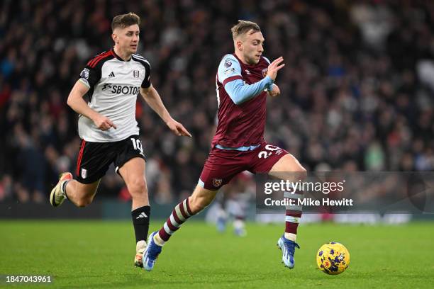 Jarrod Bowen of West Ham United in action during the Premier League match between Fulham FC and West Ham United at Craven Cottage on December 10,...
