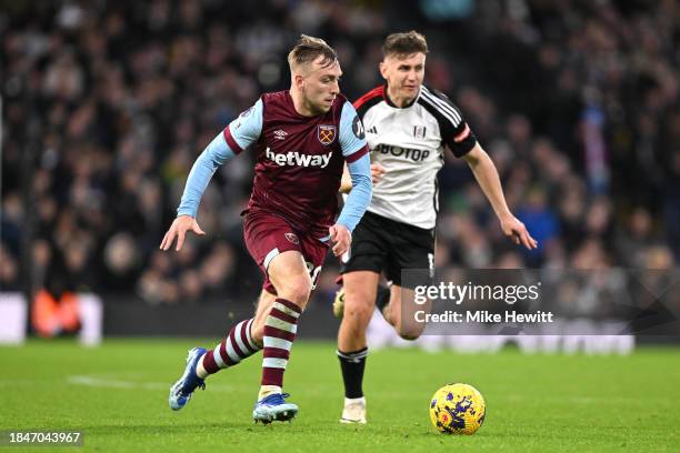 Jarrod Bowen of West Ham United in action during the Premier League match between Fulham FC and West Ham United at Craven Cottage on December 10,...