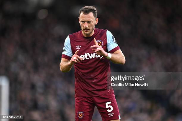 Vladimir Coufal of West Ham United looks on during the Premier League match between Fulham FC and West Ham United at Craven Cottage on December 10,...