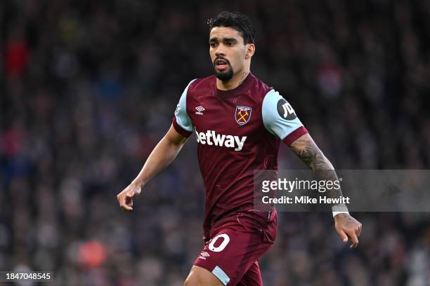 Lucas Paqueta of West Ham United looks on during the Premier League match between Fulham FC and West Ham United at Craven Cottage on December 10,...