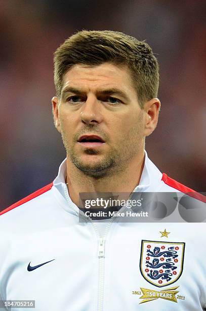 Steven Gerrard of England lines up for the national anthem prior to kickoff during the FIFA 2014 World Cup Qualifying Group H match between England...
