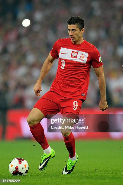Robert Lewandowski of Poland in action during the FIFA 2014 World Cup Qualifying Group H match between England and Poland at Wembley Stadium on...