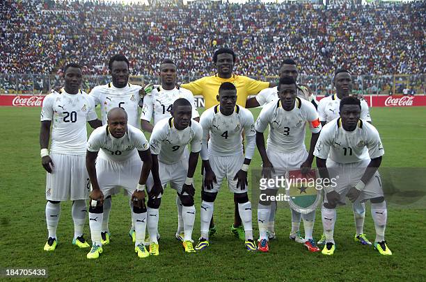 Players of Ghana's national football team before the start of the 2014 World Cup qualifying football match between Ghana and Egypt on October 15,2013...