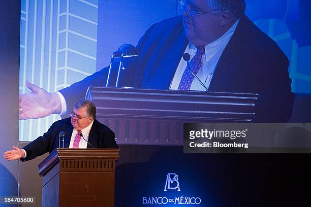 Agustin Carstens, governor of Banco de Mexico, speaks during the Banco de Mexico 20th Anniversary Of Independence Conference in Mexico City, Mexico,...