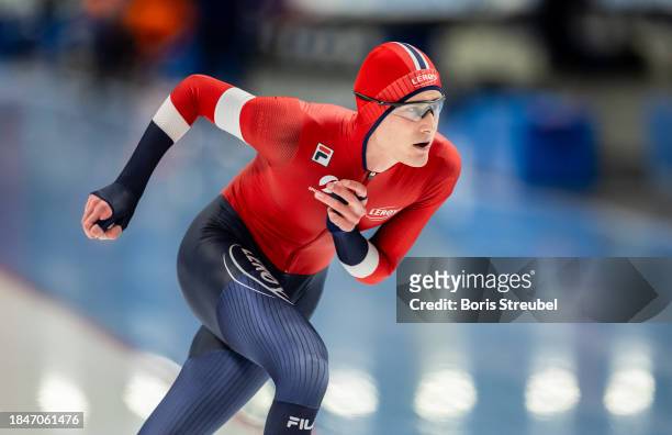 Sigurd Henriksen of Norway competes in the 5000m Men Division A race during the ISU World Cup Speed Skating at Tomaszow Mazoviecki Ice Arena on...