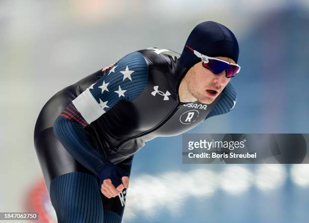 Casey Dawson of the United States competes in the 5000m Men Division A race during the ISU World Cup Speed Skating at Tomaszow Mazoviecki Ice Arena...