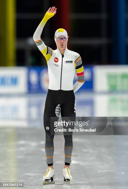 Bart Swings of Belgium waves to his fans prior to the 5000m Men Division A race during the ISU World Cup Speed Skating at Tomaszow Mazoviecki Ice...