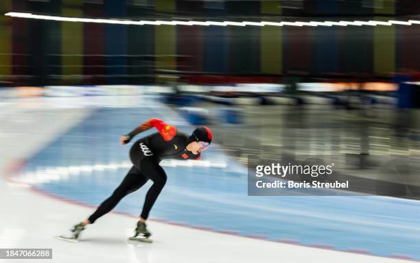 Yu Wu of China competes in the 5000m Men Division A race during the ISU World Cup Speed Skating at Tomaszow Mazoviecki Ice Arena on December 10, 2023...