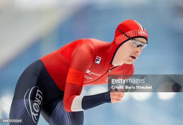 Hallgeir Engebraten of Norway competes in the 5000m Men Division A race during the ISU World Cup Speed Skating at Tomaszow Mazoviecki Ice Arena on...