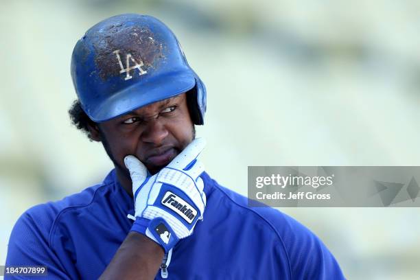 Hanley Ramirez of the Los Angeles Dodgers looks on before taking on the St. Louis Cardinals in Game Four of the National League Championship Series...