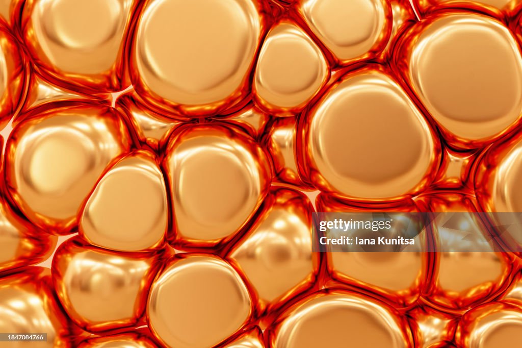Glossy liquid gold bubbles, drops, blobs background. Abstract futuristic 3D pattern, composition. Design element.