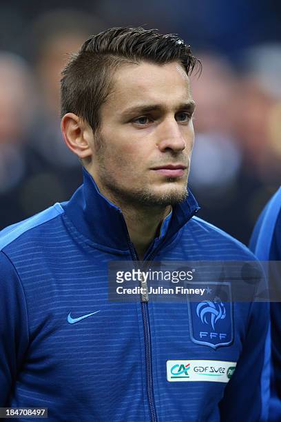 Mathieu Debuchy of France looks on during the FIFA 2014 World Cup Qualifying Group I match between France and Finland at the Stade de France on...