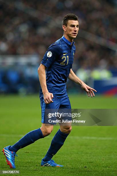 Laurent Koscielny of France looks on during the FIFA 2014 World Cup Qualifying Group I match between France and Finland at the Stade de France on...