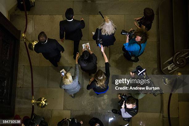 House Majority Leader Eric Cantor leaves the Capitol Building with reporters in tow on October 15, 2013 in Washington, DC. The government has been...