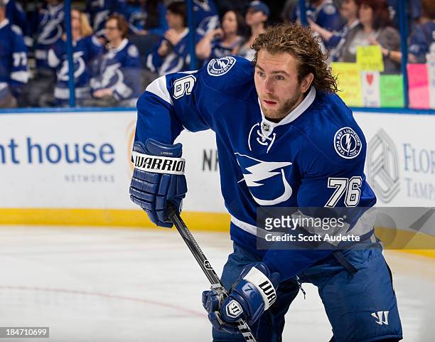 Pierre-Cedric Labrie of the Tampa Bay Lightning skates during warmups prior to tonight's game against the Los Angeles Kings at the Tampa Bay Times...