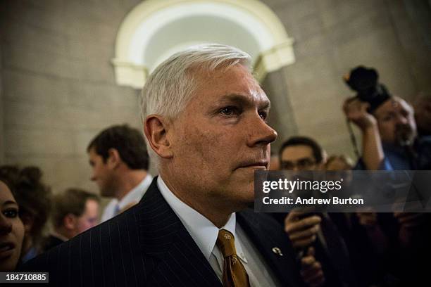 Rep. Pete Sessions leaves Speaker Boehner's office after a meeting amongst Republican House leadership at the Capitol Building on October 15, 2013 in...