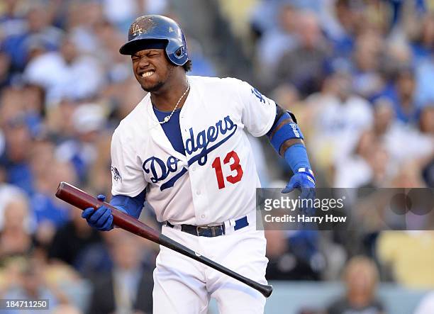 Hanley Ramirez of the Los Angeles Dodgers reacts as he is at bat in the first inning against the St. Louis Cardinals in Game Four of the National...
