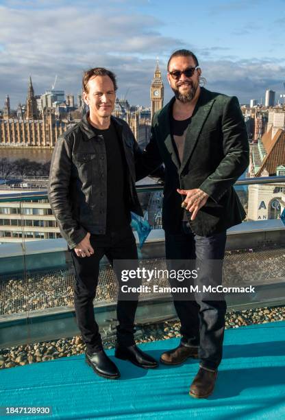 Patrick Wilson and Jason Momoa attend the "Aquaman and the Lost Kingdom" photocall on December 11, 2023 in London, England.