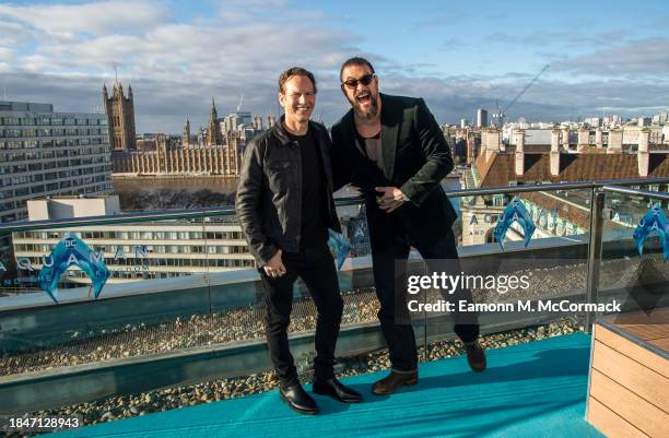 Patrick Wilson and Jason Momoa attend the "Aquaman and the Lost Kingdom" photocall on December 11, 2023 in London, England.