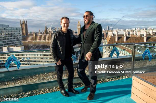 Patrick Wilson and Jason Momoa attend the "Aquaman and the Lost Kingdom" photocall on December 11, 2023 in London, England.