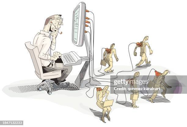 employees tied to the boss's computer - android stock illustrations
