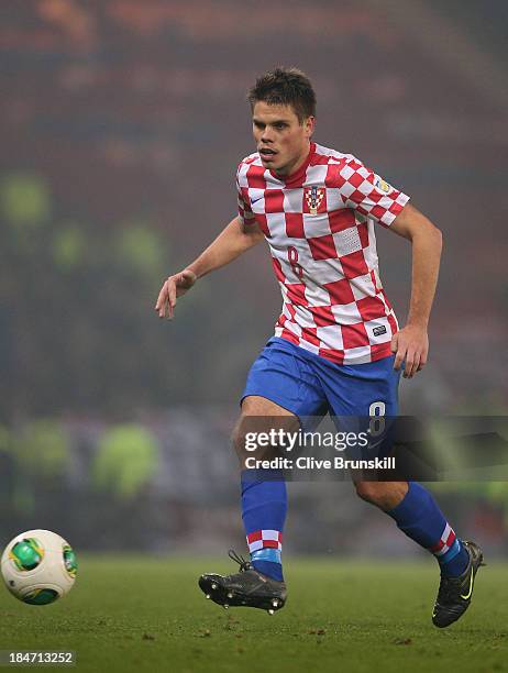 Ognjen Vukojevic of Croatia in action during the FIFA 2014 World Cup Qualifying Group A match between Scotland and Croatia at Hampden Park on October...