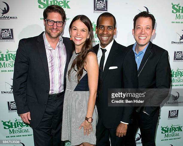 Actor Christopher Sieber, Sutton Foster, Daniel Breaker and John Tartaglia attend the release party for "Shrek: The Musical" Blue-Ray and DVD on...