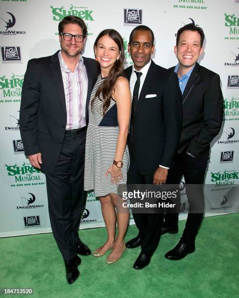 Actor Christopher Sieber, Sutton Foster, Daniel Breaker and John Tartaglia attend the release party for "Shrek: The Musical" Blue-Ray and DVD on...