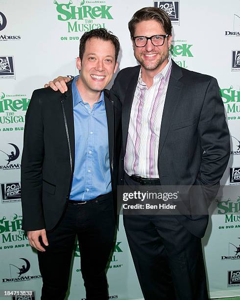Actors John Tartaglia and Christopher Sieber attend the release party for "Shrek: The Musical" Blue-Ray and DVD on October 15, 2013 in New York,...