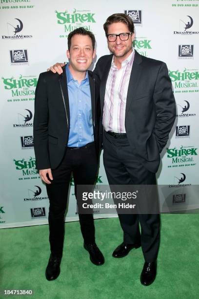 Actors John Tartaglia and Christopher Sieber attend the release party for "Shrek: The Musical" Blue-Ray and DVD on October 15, 2013 in New York,...