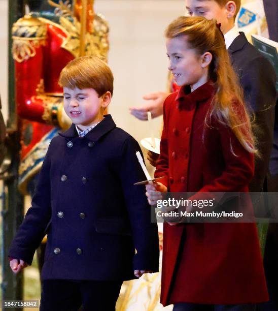 Prince Louis of Wales and Princess Charlotte of Wales attend The 'Together At Christmas' Carol Service at Westminster Abbey on December 8, 2023 in...